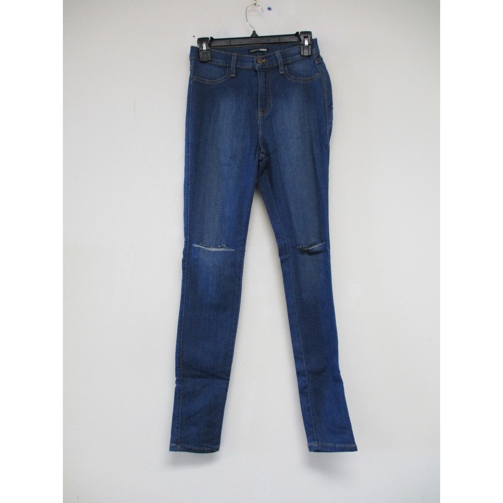 Fashion Nova Jeans Juniors 15 Blue Skinny Distressed High Rise Made in USA 12857